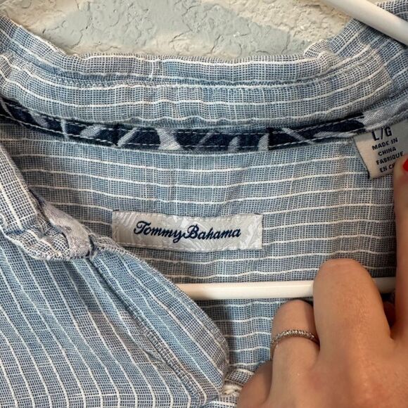 Tommy Bahama Blue White Stripe Linen Blend Short Sleeve Button Front Shirt L EUC - Picture 4 of 7
